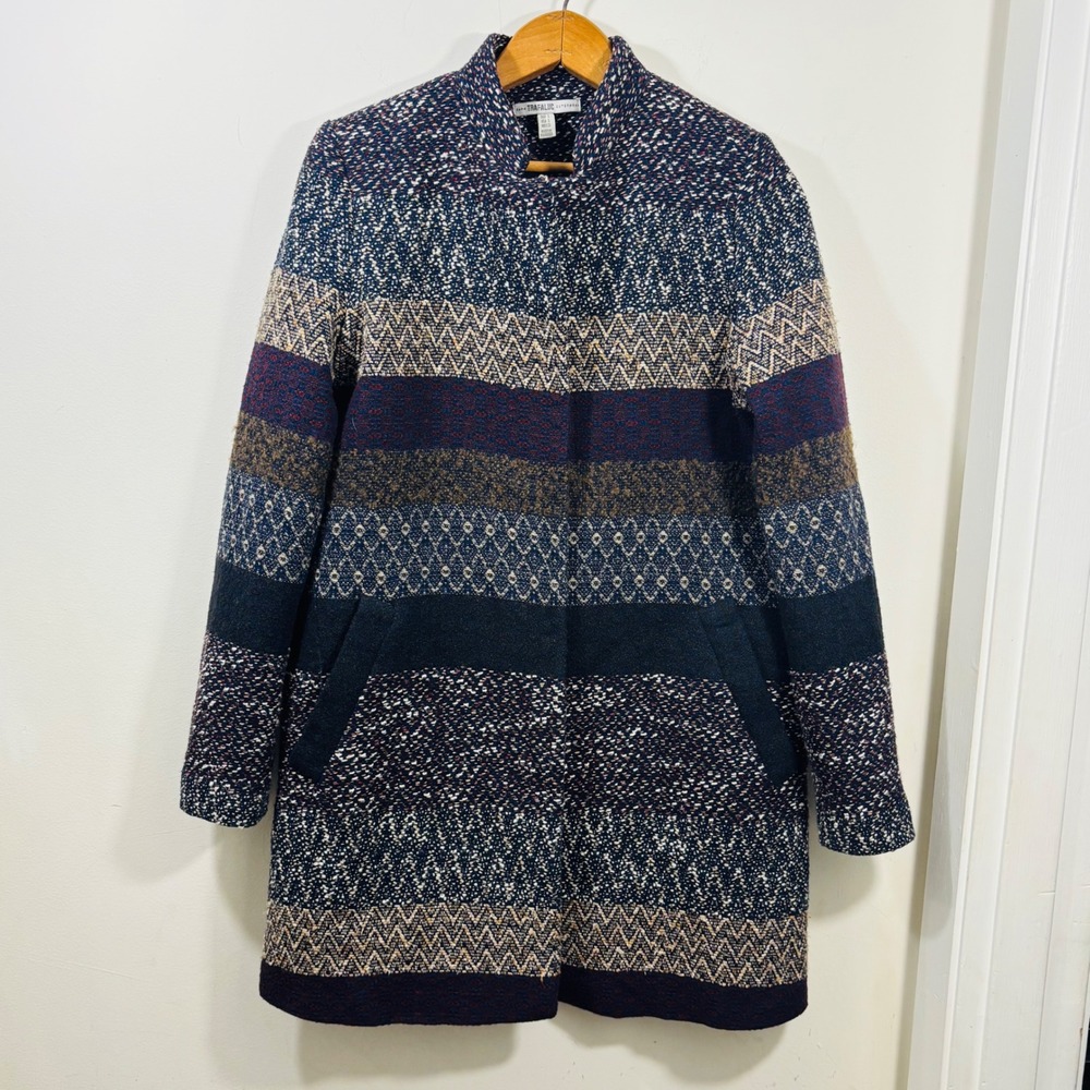 Zara Tweed Textured Wool Stripe Multicolor Purple Blue Snap Up‎ Coat Women Small